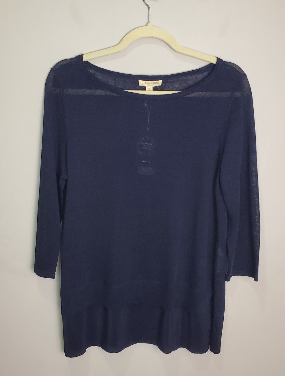 Eileen Fisher Polished Linen Viscose Jersey w/Silk Habutai Pullover Size PM Navy